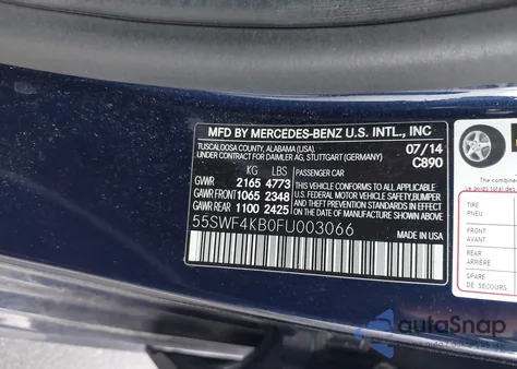 2015 Mercedes-Benz C 300 4Matic/Luxury 4Matic/Sport 4Matic z USA, uszkodzony, nr VIN 55SWF4KB0FU003066